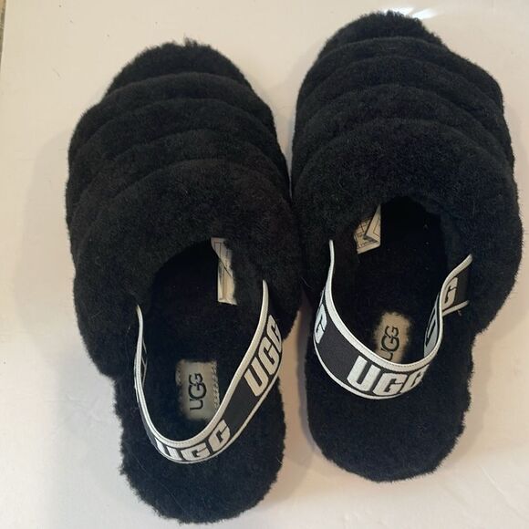 UGG Australia US 7 Fluff Yeah Slides 1095119 Black Shoe Sandals Slipper Furry - Picture 3 of 4